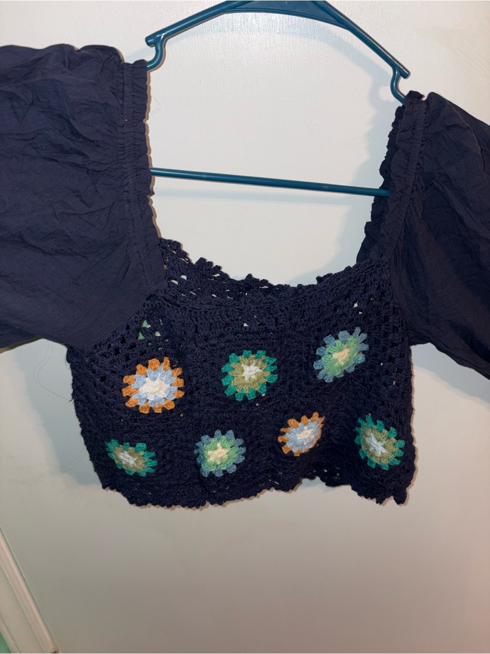 aerie Navy Crochet Floral Square-Neck Puff-Sleeve Crop Top